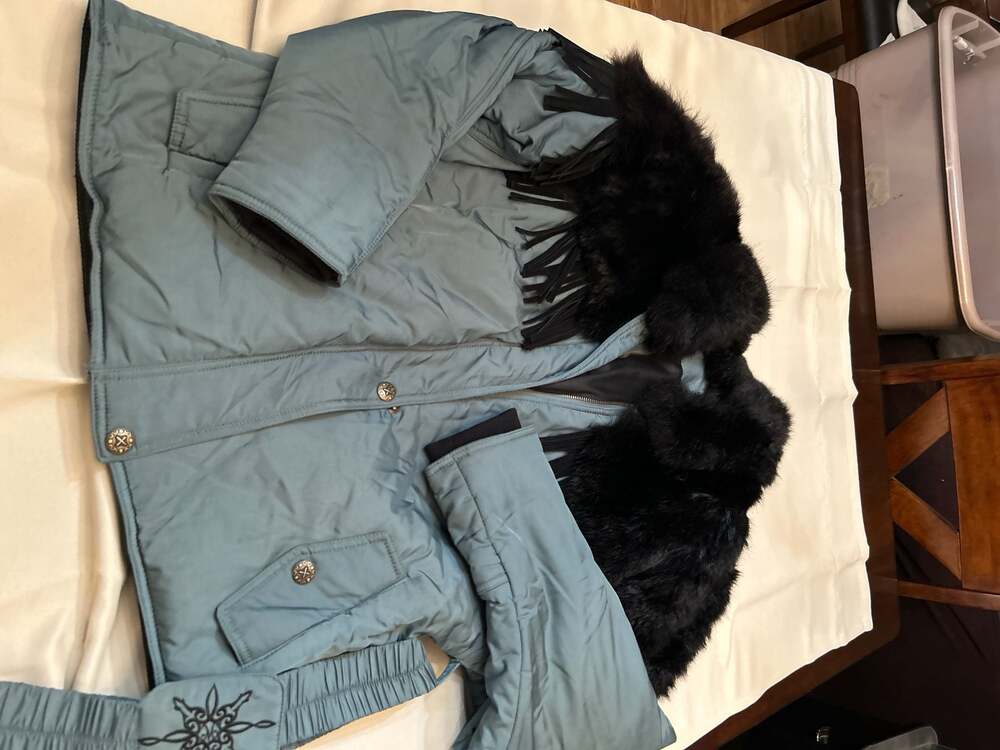 M. Miller Blue Ski Jacket with Real Fur Collar and Fringe Detail